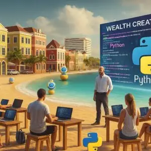 People learning Python with laptops by the beach, AI coding class outdoors, island wealth lifestyle.