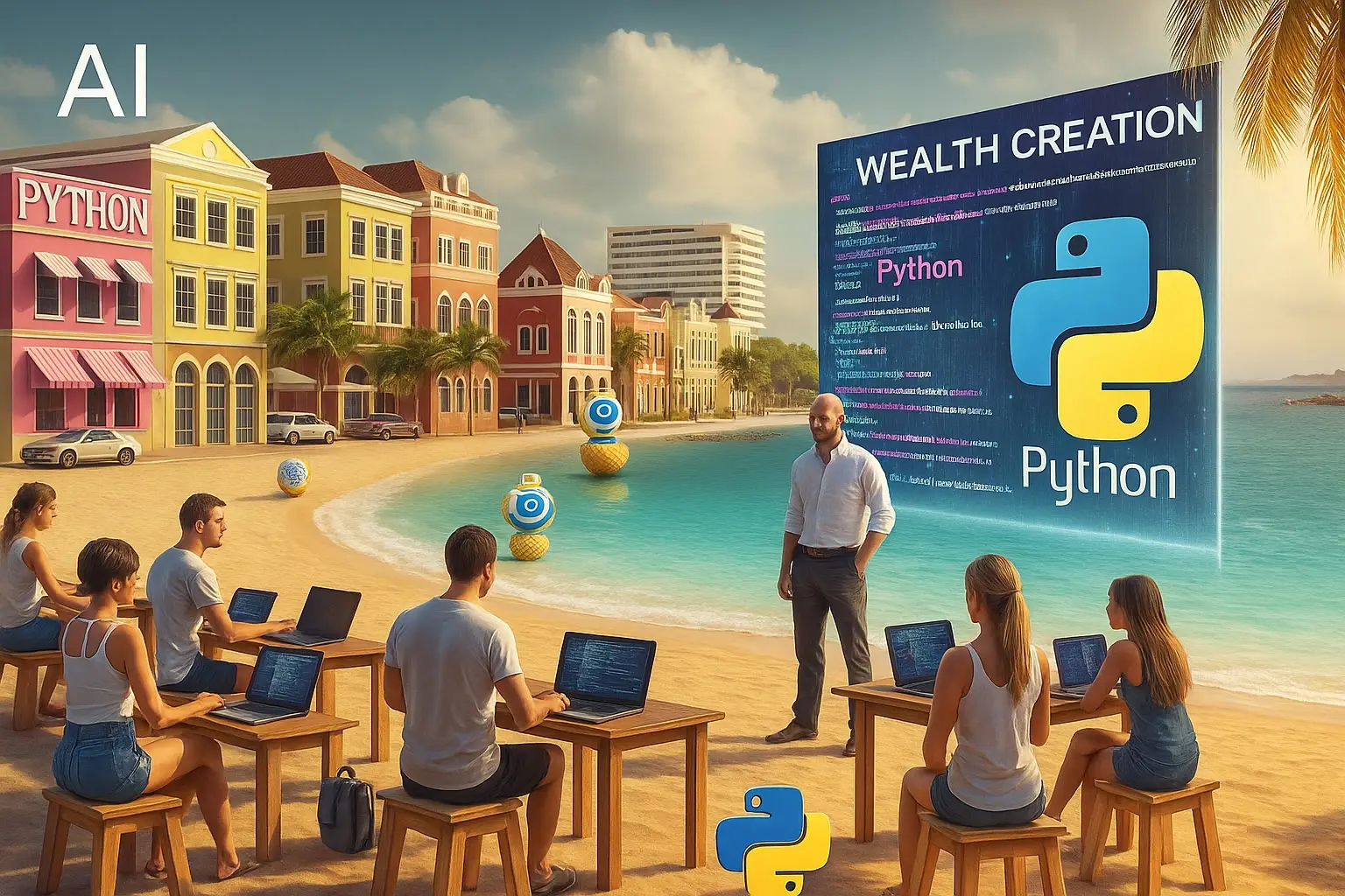 People learning Python with laptops by the beach, AI coding class outdoors, island wealth lifestyle.